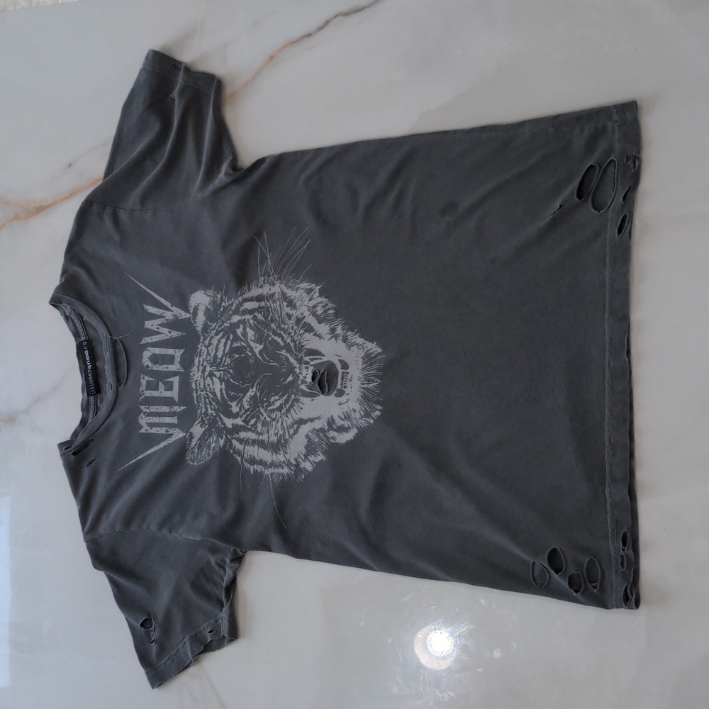 FINAL PRICE Lulu Simon Studio Gray Tiger Prnt T-Shirt S Meow M Cotton Distressed